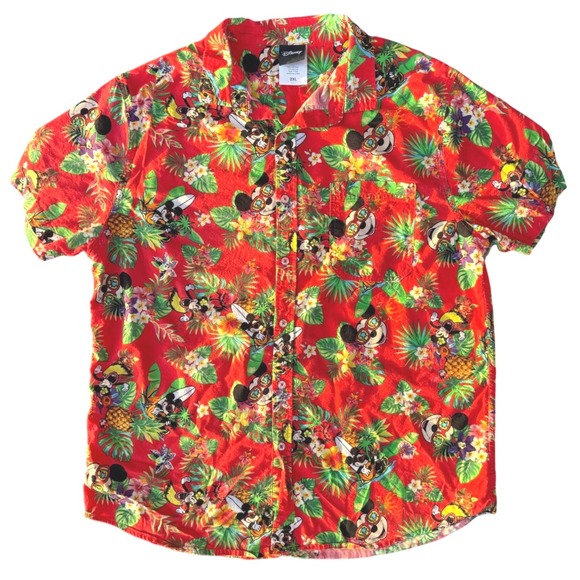 Disney Other - Disney Shirt Mens 2XL Red Mickey Mouse Hawaiian Floral Button Up Summer Aloha